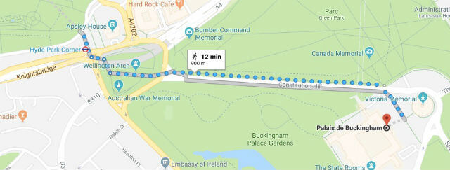 Itinéraire depuis Hyde Park jusqu'à Buckingham Palace