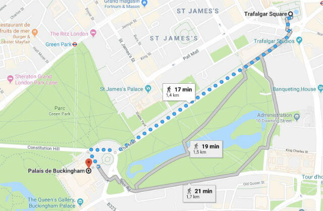 Itinéraire depuis Trafalgar Square jusqu'à Buckingham Palace