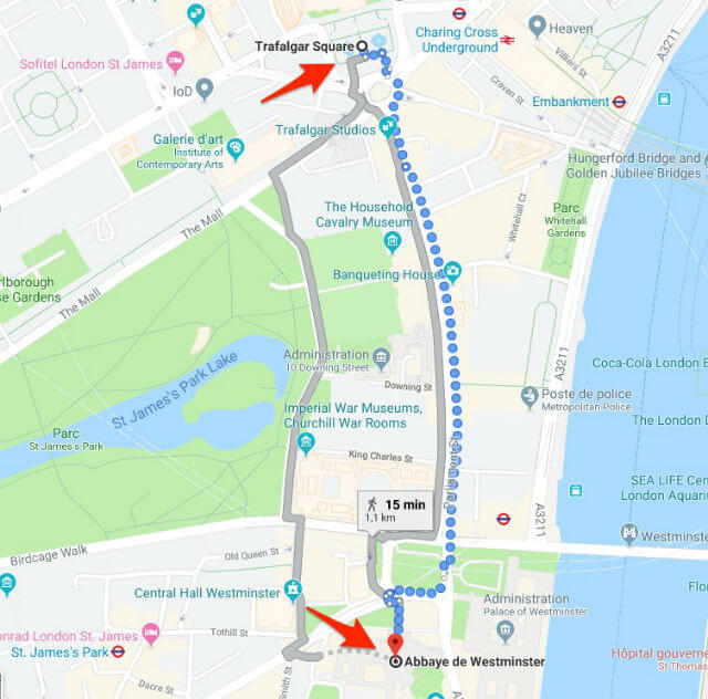 itinéraire Trafalgar Square Westminster Abbey