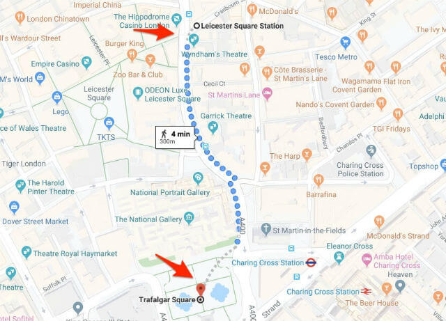 Itineraire station métro Leicester Square Trafalgar Square